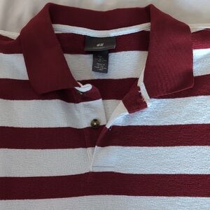 H&M Men's Burgundy and White Striped Polo
